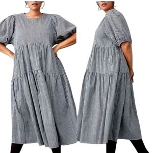 Nwot Anthropologie Eri + Ali Black Gingham Evaline Puff Sleeve Tier Shift Dress
